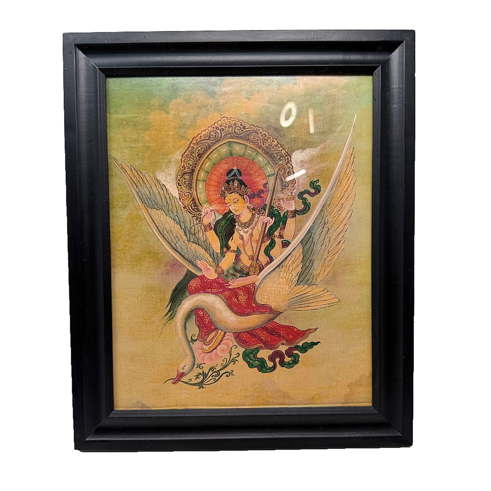 Framed Newari Style Saraswati Goddess Art Print on Swan 12x10 Hindu